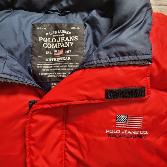 VTG Polo Jeans Ralph Lauren Puffer Coat 55% Down 45% Water Fowl Jacket XXL Red - Picture 1 of 15